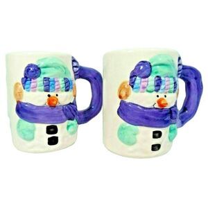 Snowman Mugs Set of 2 Purple Scarf Earmuffs Blue Snow Cap Coffee Mug Cup Ceramic